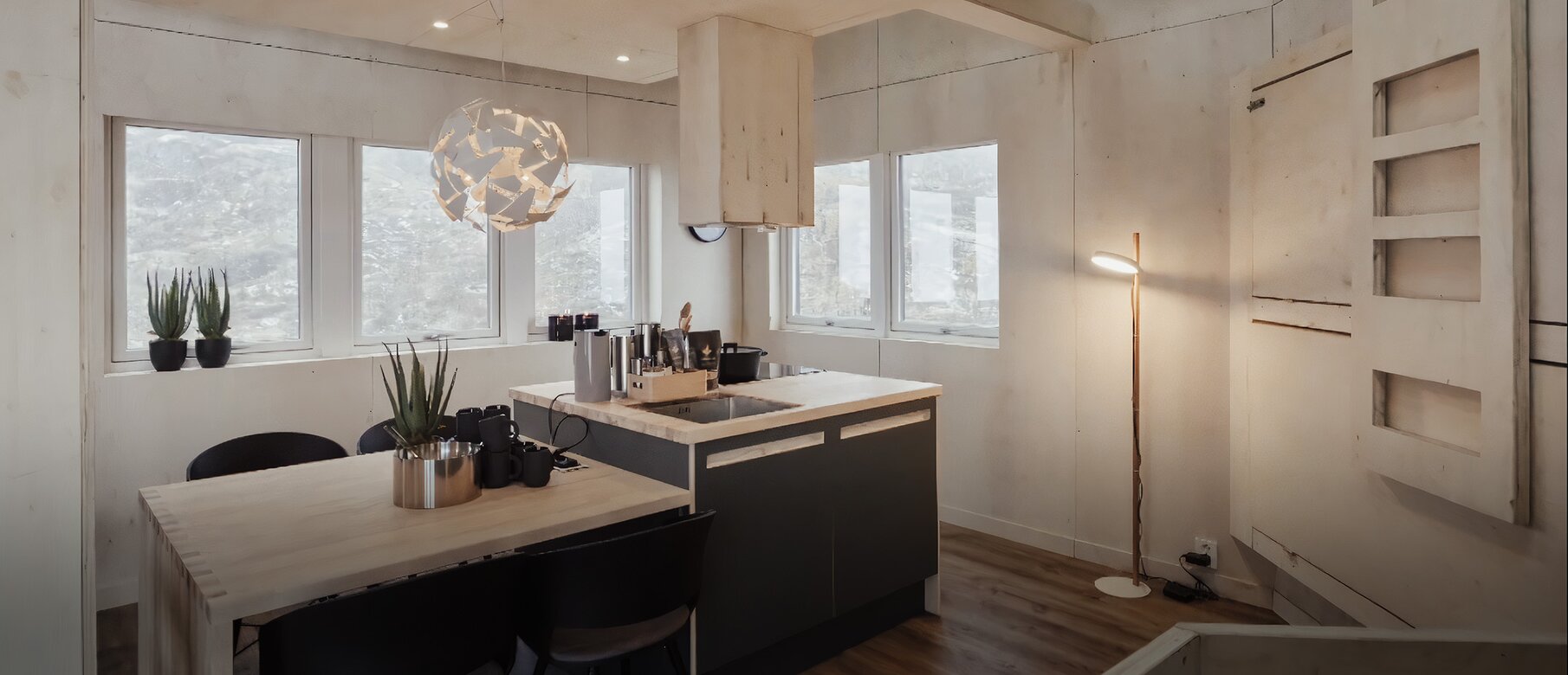 Hotel Lofoten – Küchenansicht | BECK Hotel Lofoten – Küche mit Holzinnenverkleidung; Verkleidung mit LIGNOLOC® Holznägeln von BECK befestigt