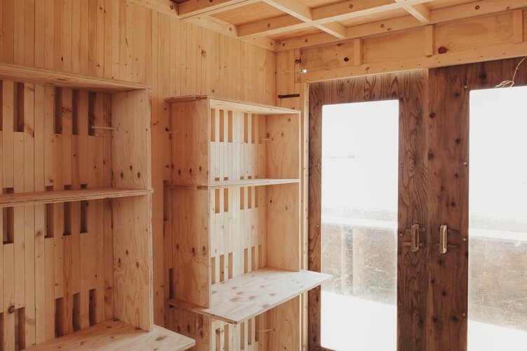 Interior view of the temporary wooden beach pavilion