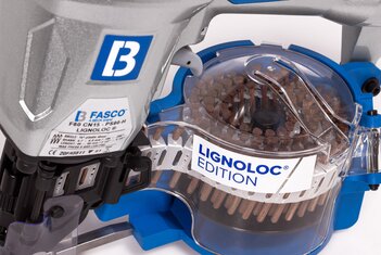 Der Druckluftnagler FASCO® F60 CN15-PS90-H LIGNOLOC® ist kompatibel für LIGNOLOC® Holznägel mit Kopf