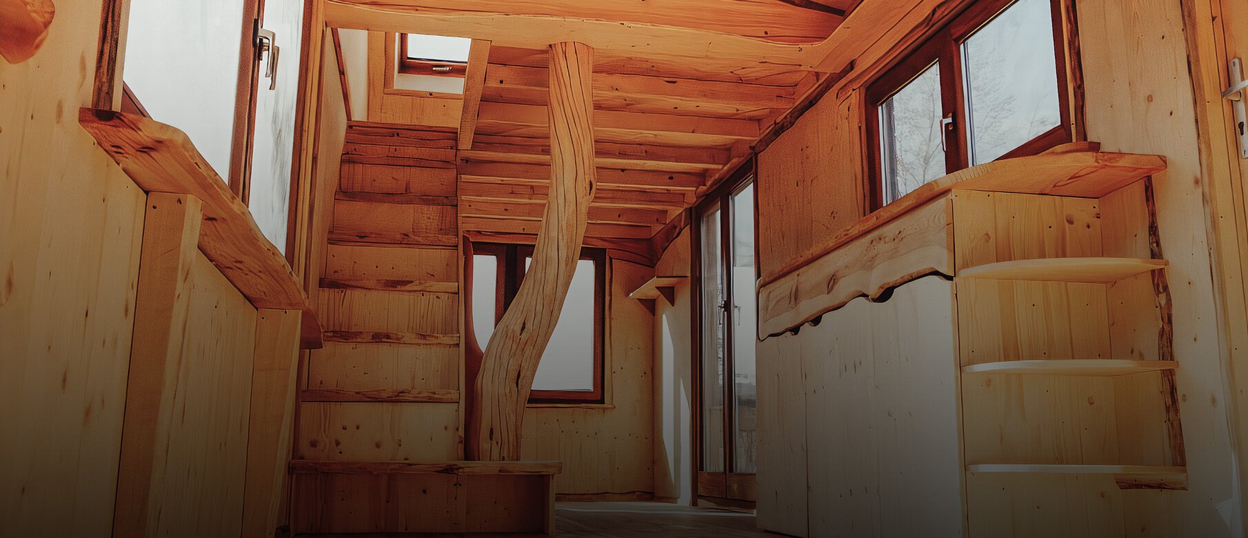 Interior view of a tiny house with visible wooden structure and LIGNOLOC® wooden nails by BECK