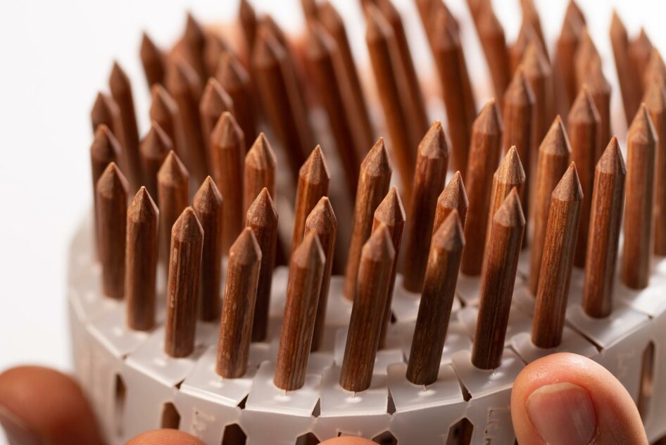 Coil of Lignoloc wooden nails held by a male hand | © getifo